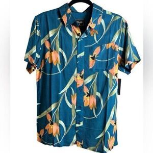 NWT Primitive Skateboarding Blue Floral Button Down Short Sleeve Rayon Shirt - S